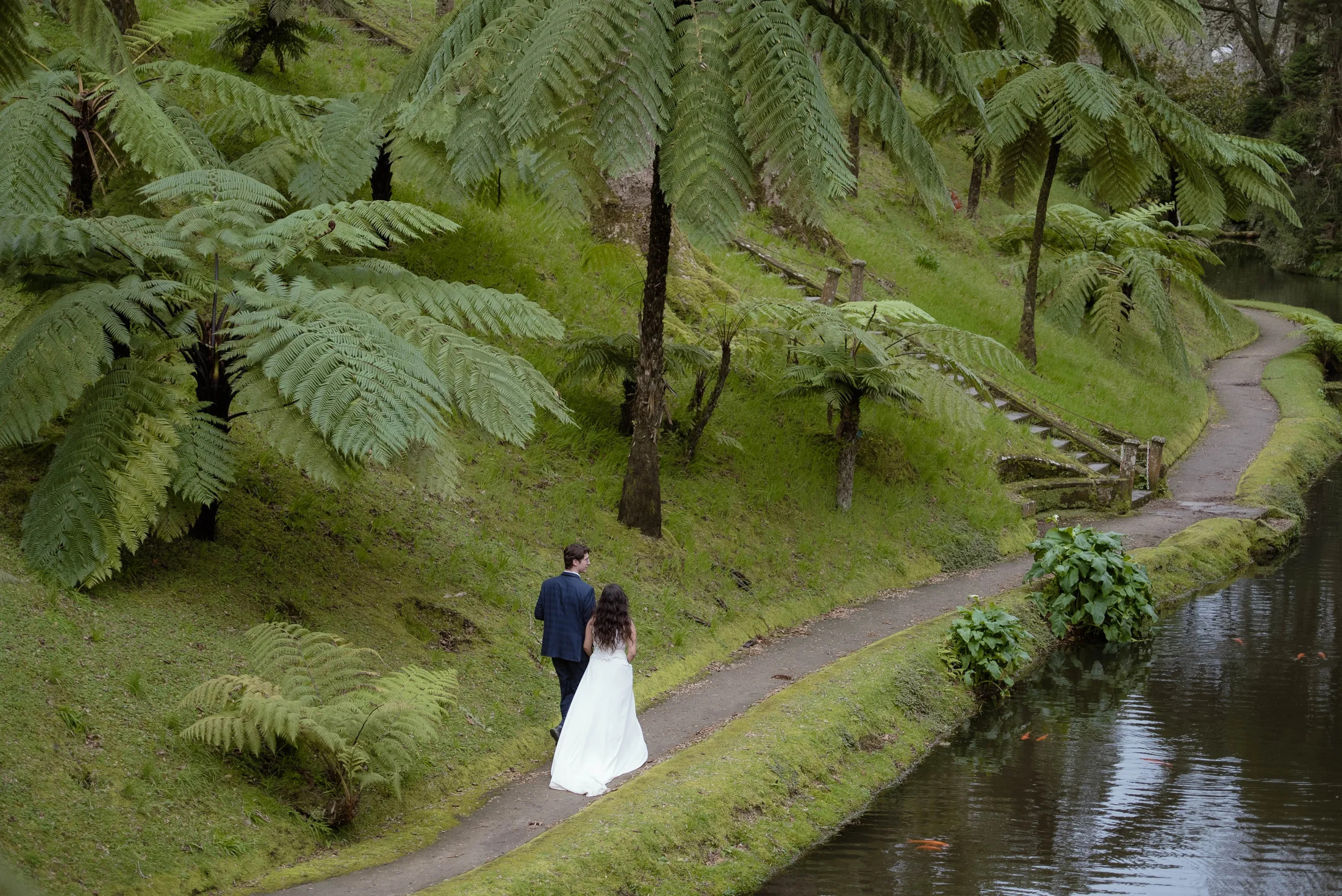 Editorial couple walking through giant ferns on São Miguel